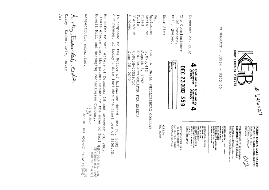 Document de brevet canadien 2075412. Correspondance 20021223. Image 1 de 1