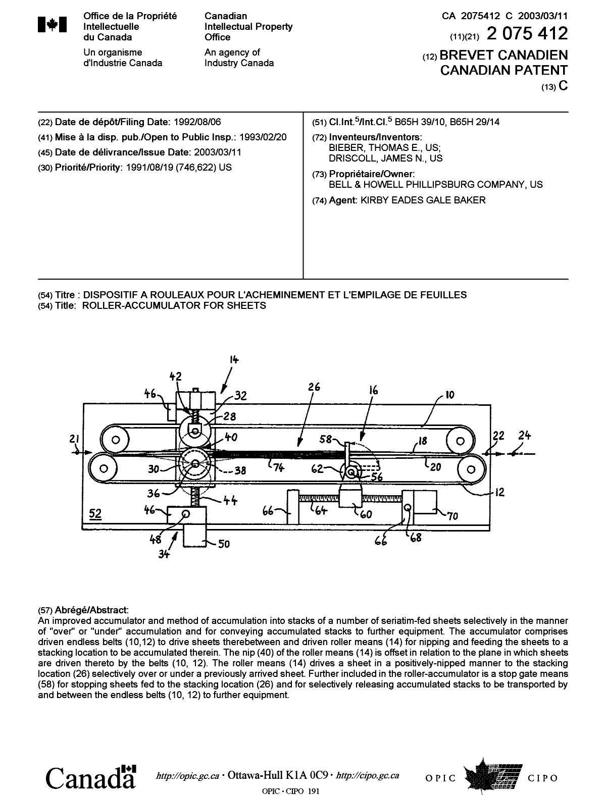 Document de brevet canadien 2075412. Page couverture 20030204. Image 1 de 1