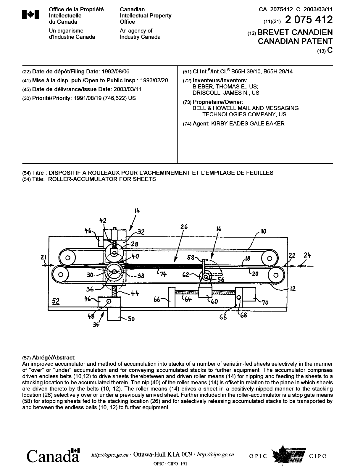 Document de brevet canadien 2075412. Page couverture 20030506. Image 1 de 1
