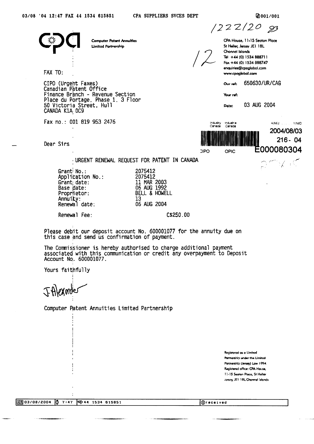 Document de brevet canadien 2075412. Taxes 20040803. Image 1 de 1