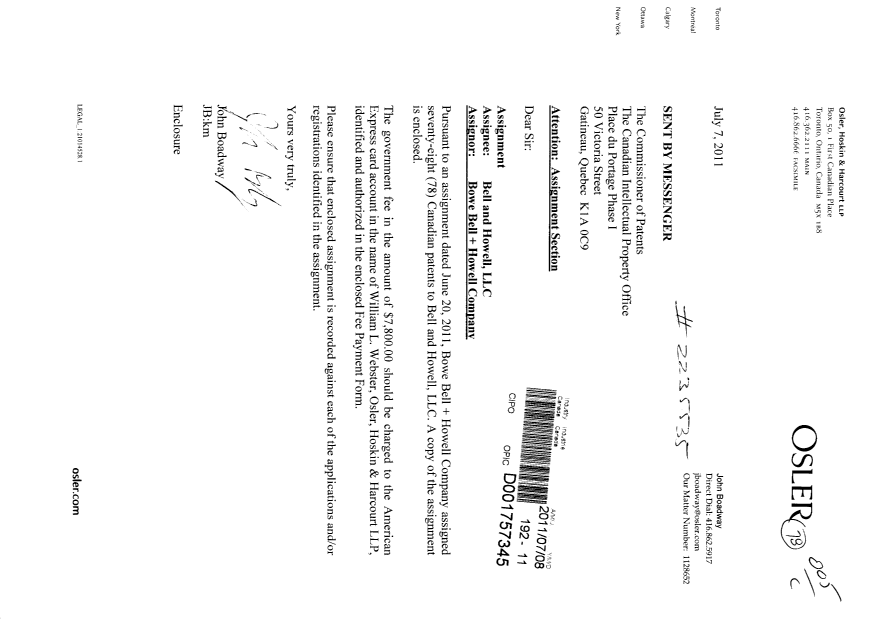 Document de brevet canadien 2075412. Cession 20110708. Image 1 de 7