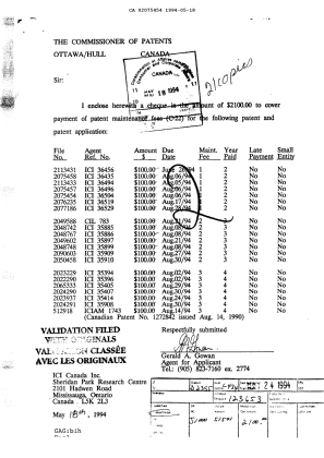 Canadian Patent Document 2075454. Fees 19940518. Image 1 of 1