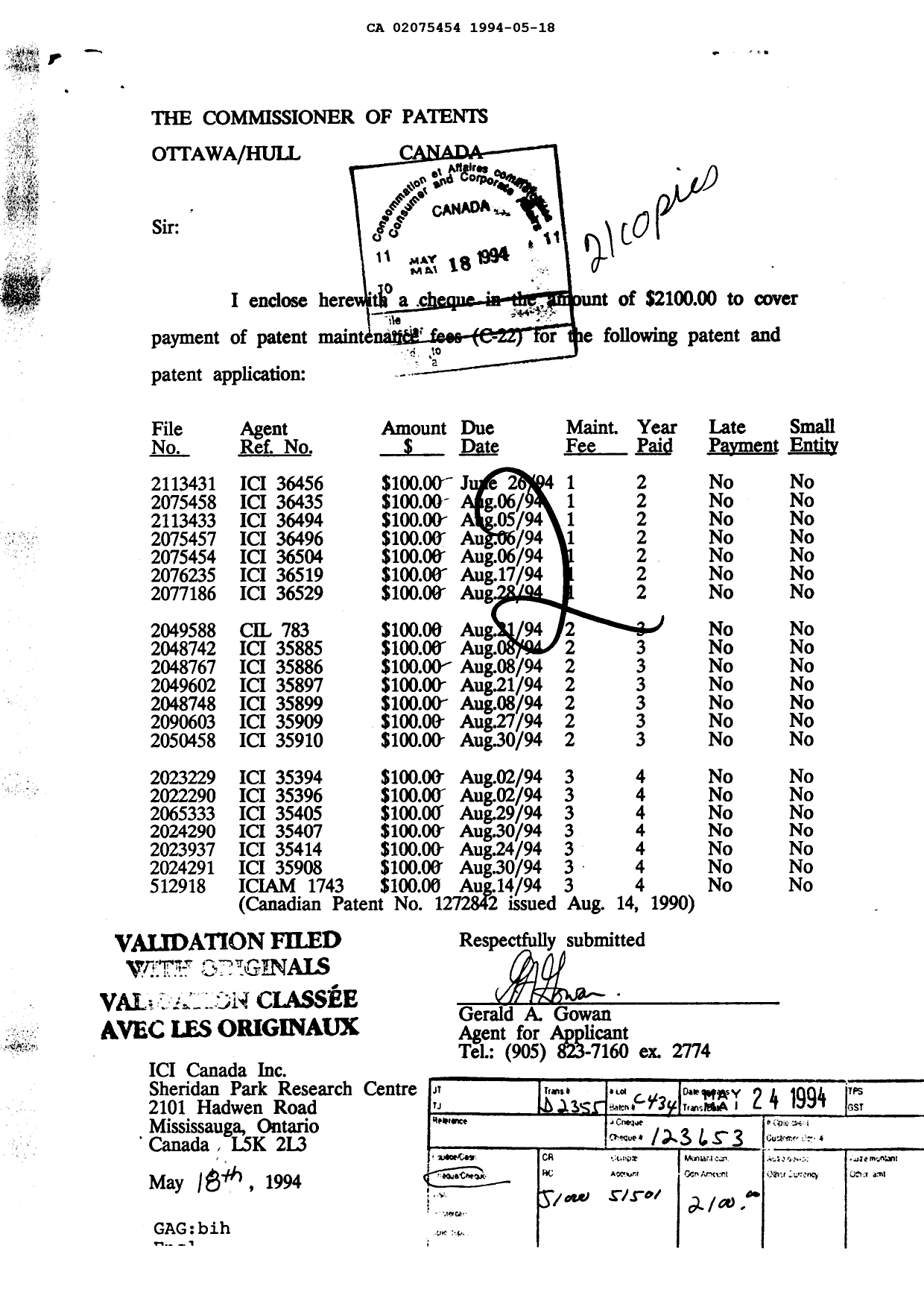 Document de brevet canadien 2075454. Taxes 19940518. Image 1 de 1