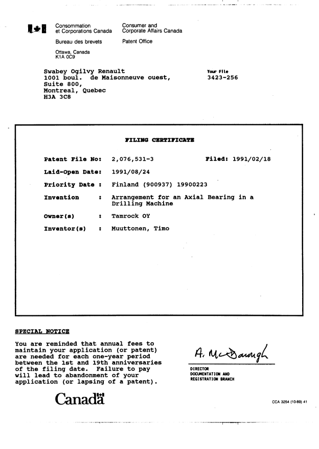 Document de brevet canadien 2076531. Cession 19920820. Image 6 de 6