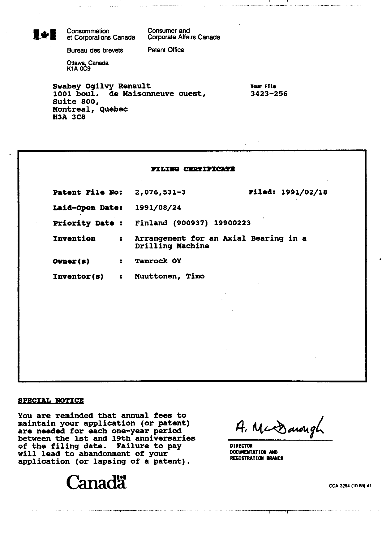 Canadian Patent Document 2076531. Assignment 19920820. Image 6 of 6
