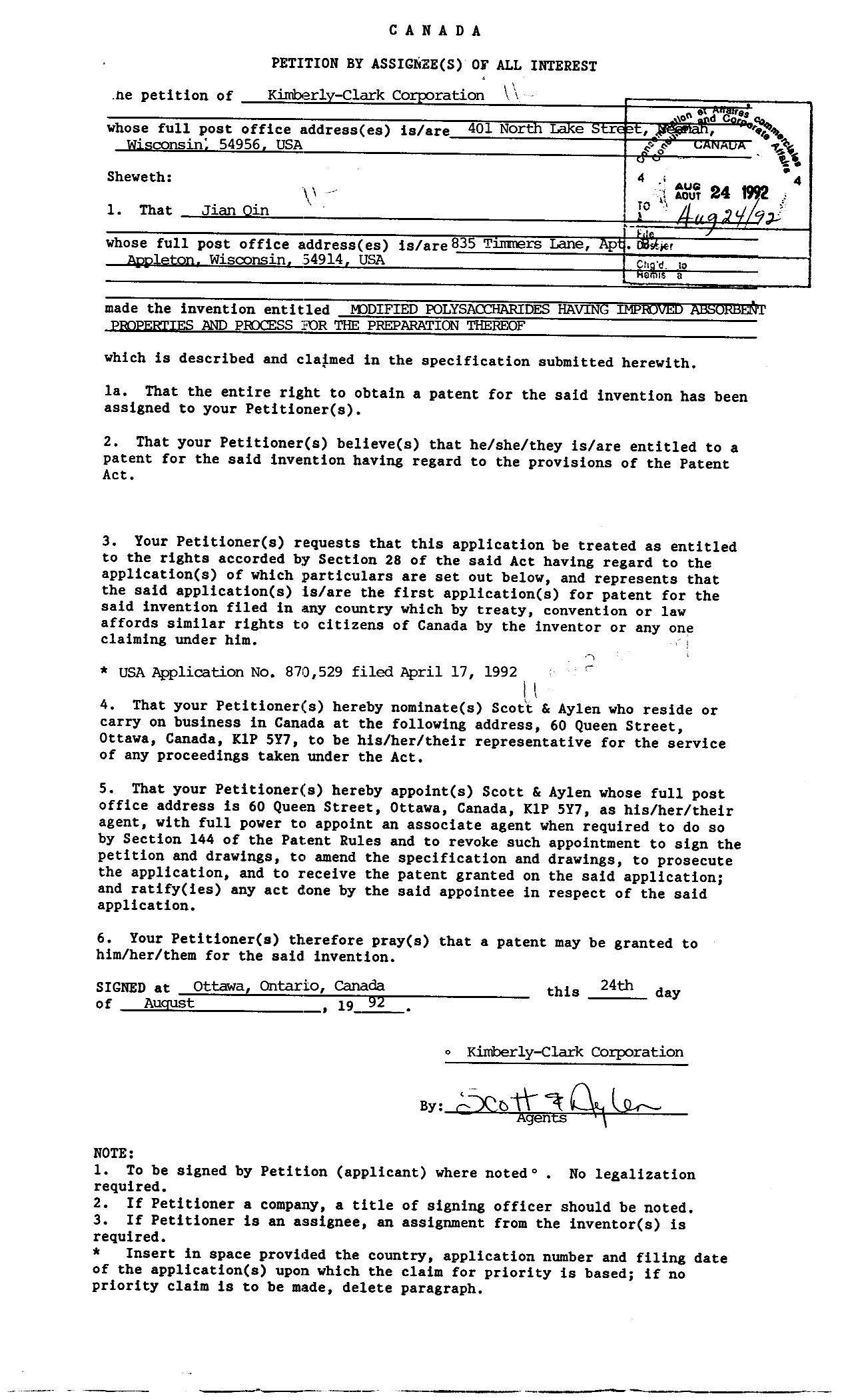 Document de brevet canadien 2076732. Cession 19920824. Image 2 de 7