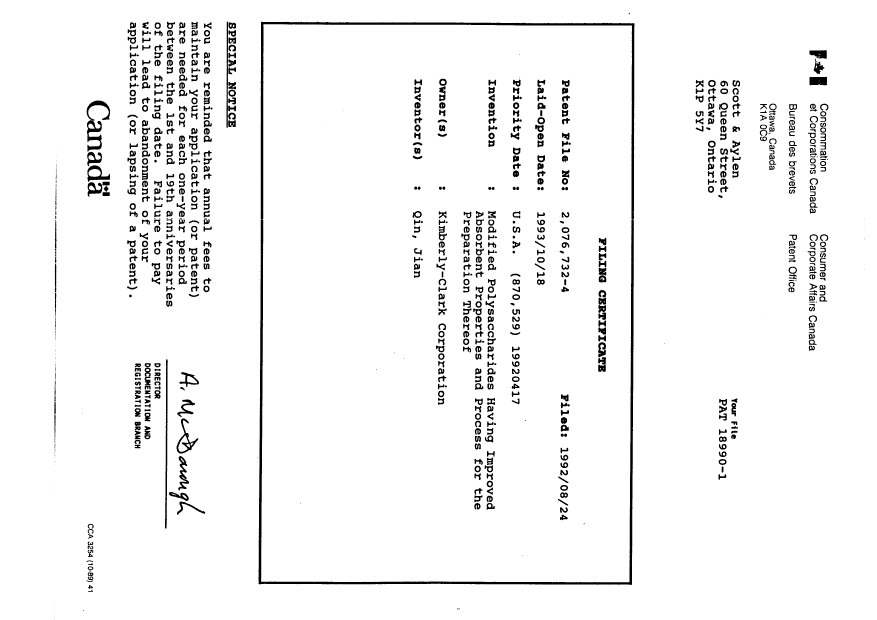 Document de brevet canadien 2076732. Cession 19920824. Image 7 de 7