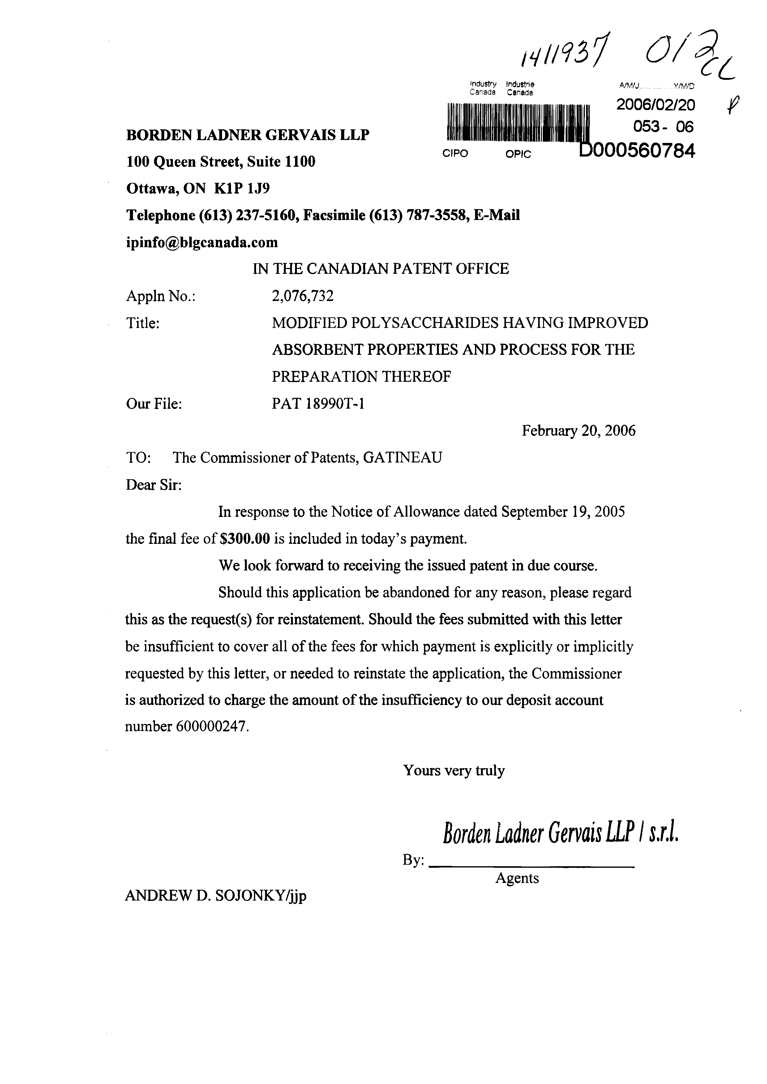 Document de brevet canadien 2076732. Correspondance 20051220. Image 1 de 1