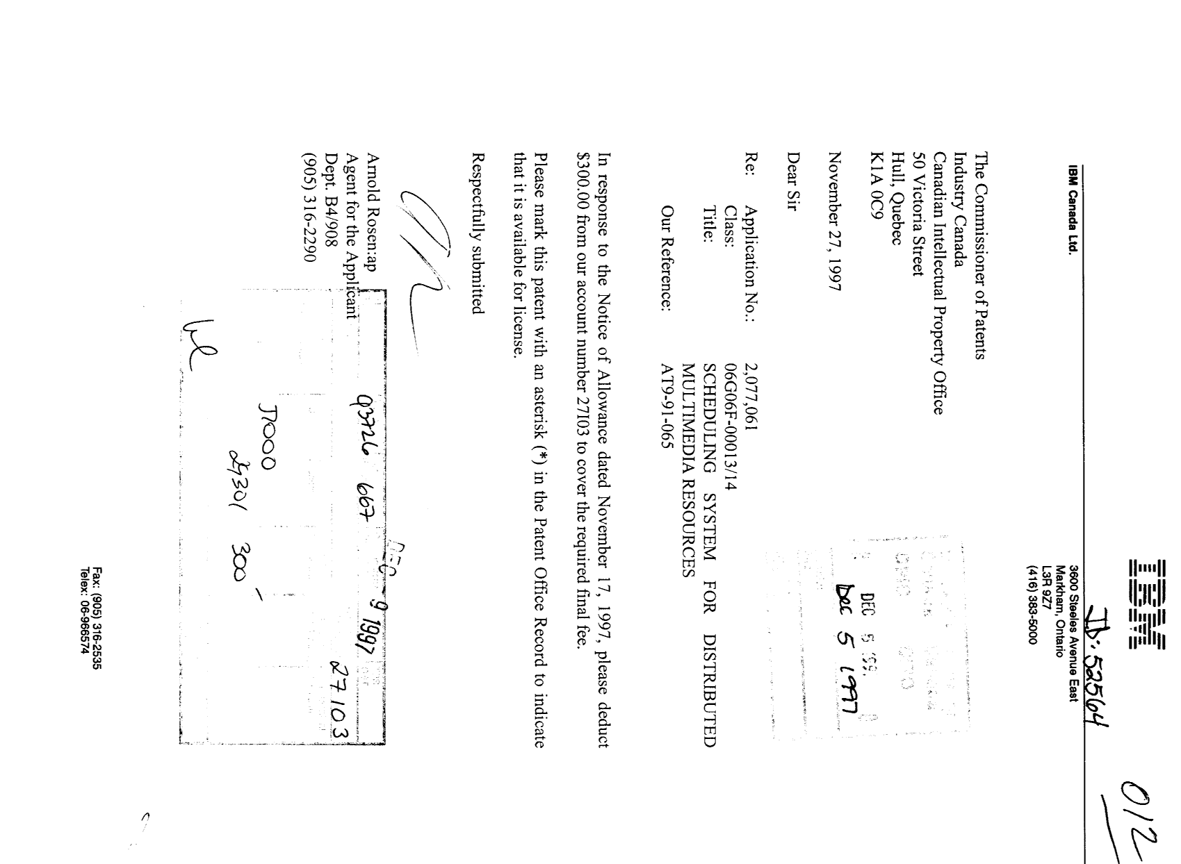 Document de brevet canadien 2077061. Correspondance 19961205. Image 1 de 1