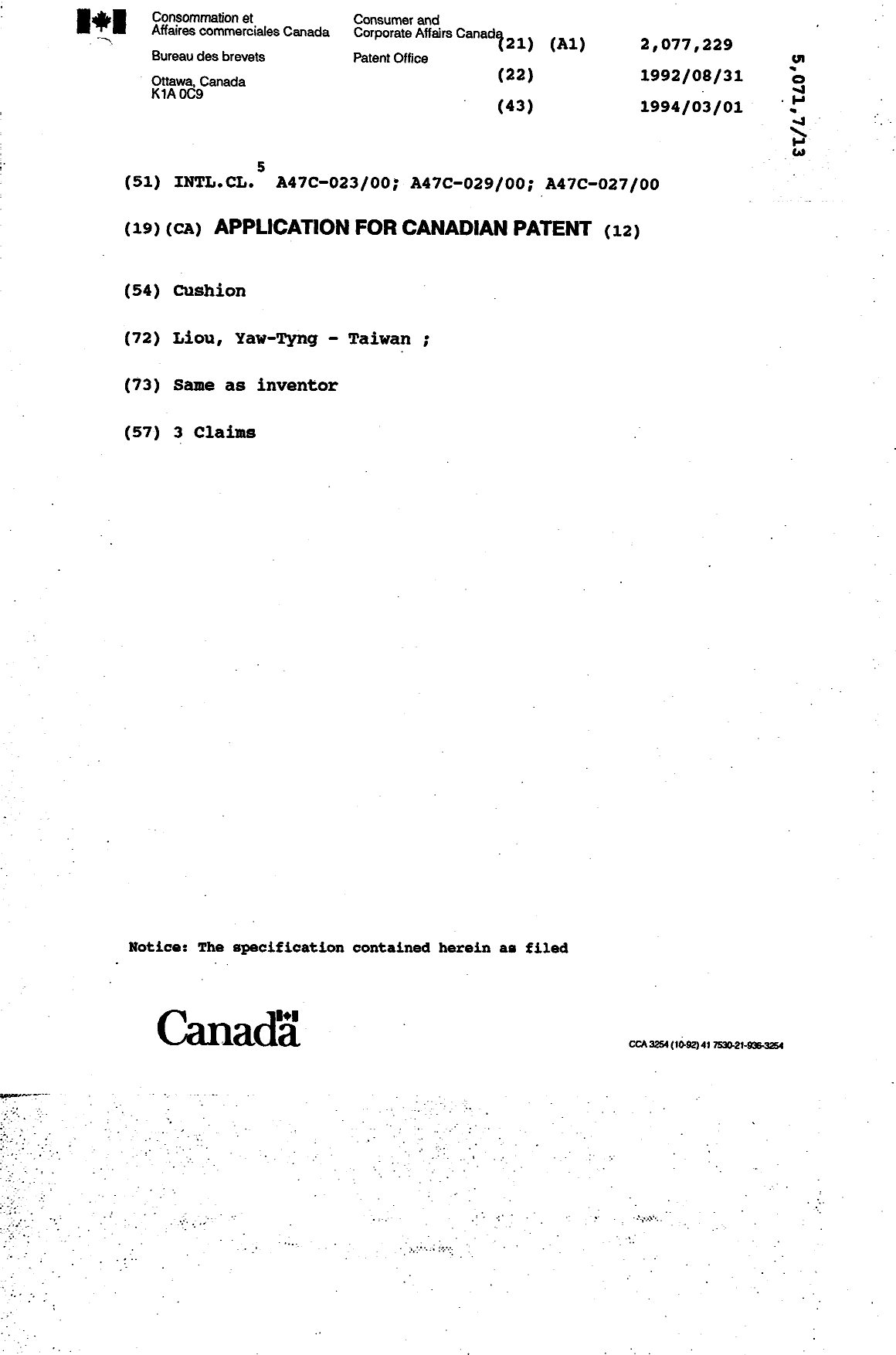 Canadian Patent Document 2077229. Cover Page 19940301. Image 1 of 1