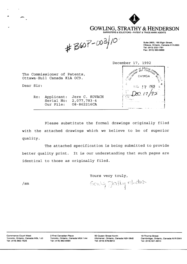 Document de brevet canadien 2077783. Correspondance 19921217. Image 1 de 20
