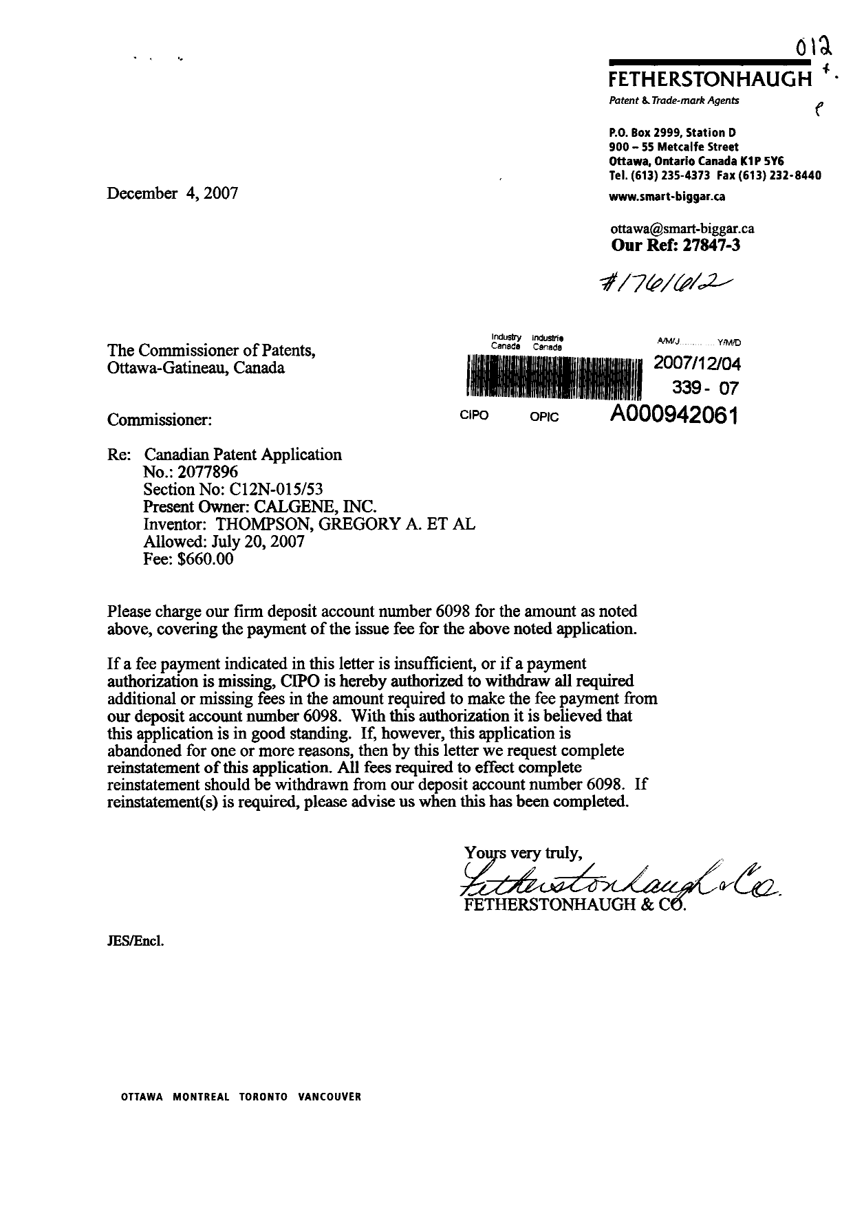 Document de brevet canadien 2077896. Correspondance 20071204. Image 1 de 1