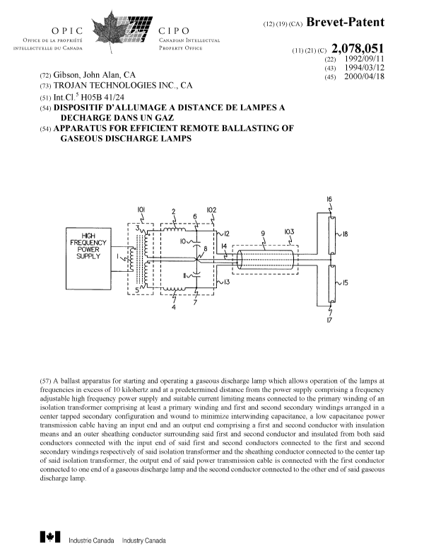 Document de brevet canadien 2078051. Page couverture 20000316. Image 1 de 1