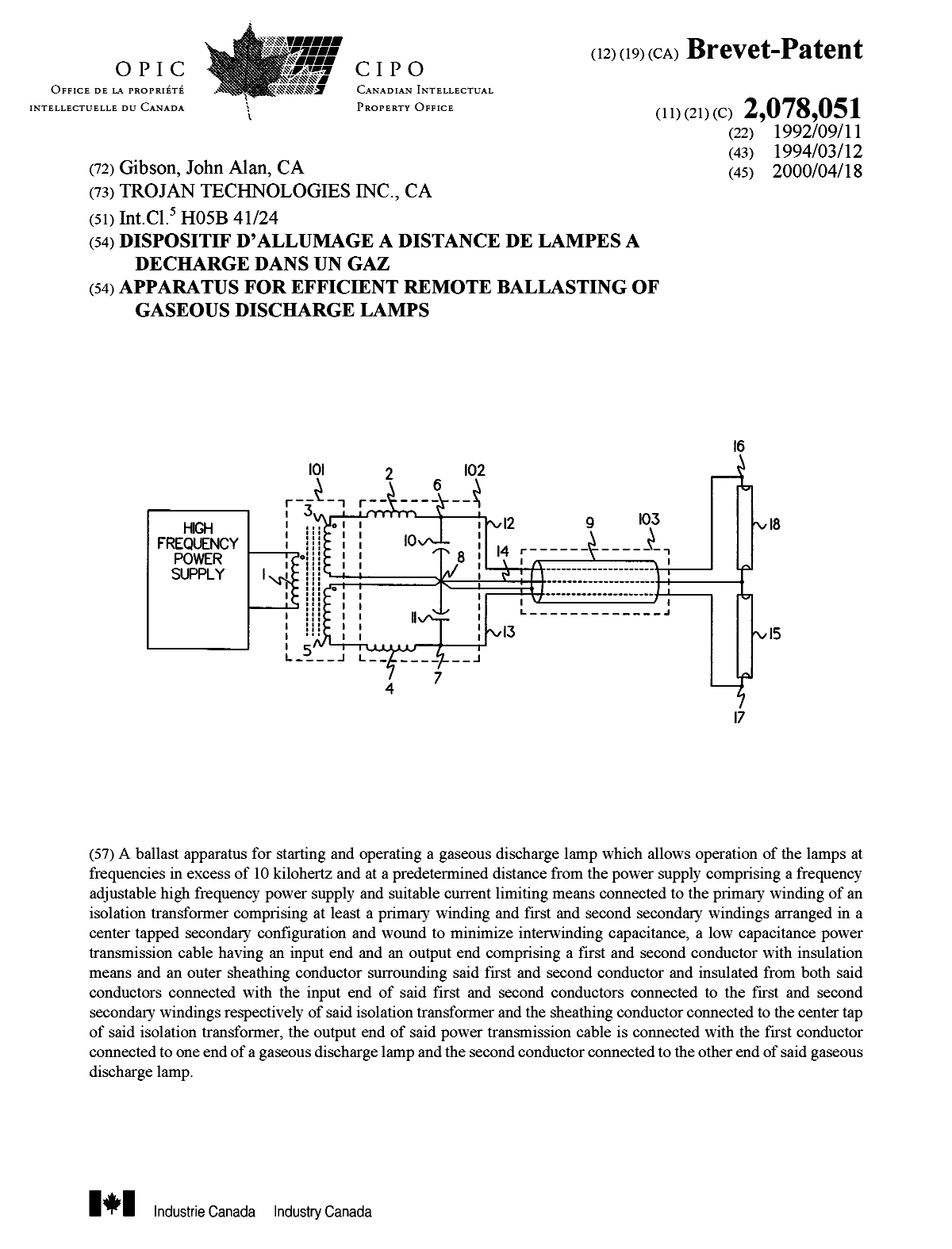 Document de brevet canadien 2078051. Page couverture 20000316. Image 1 de 1