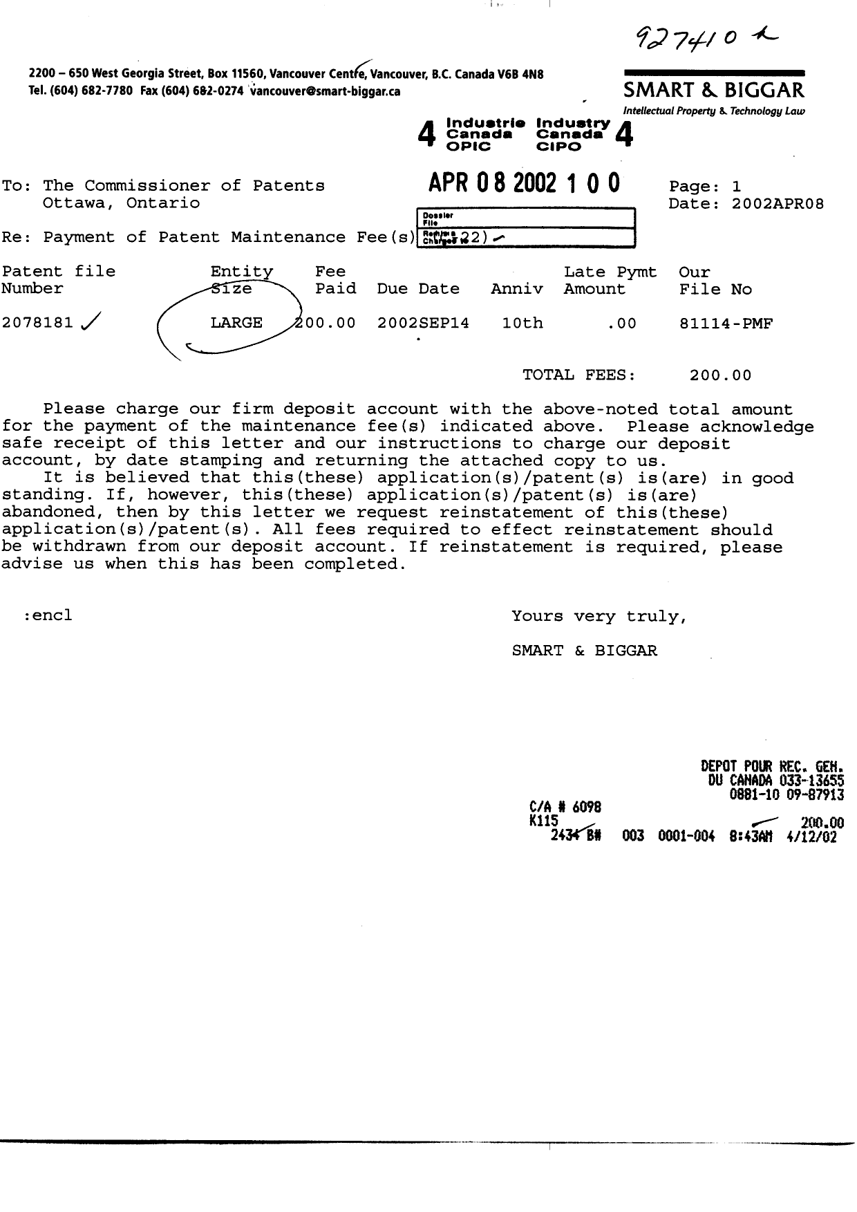 Document de brevet canadien 2078181. Taxes 20020408. Image 1 de 1