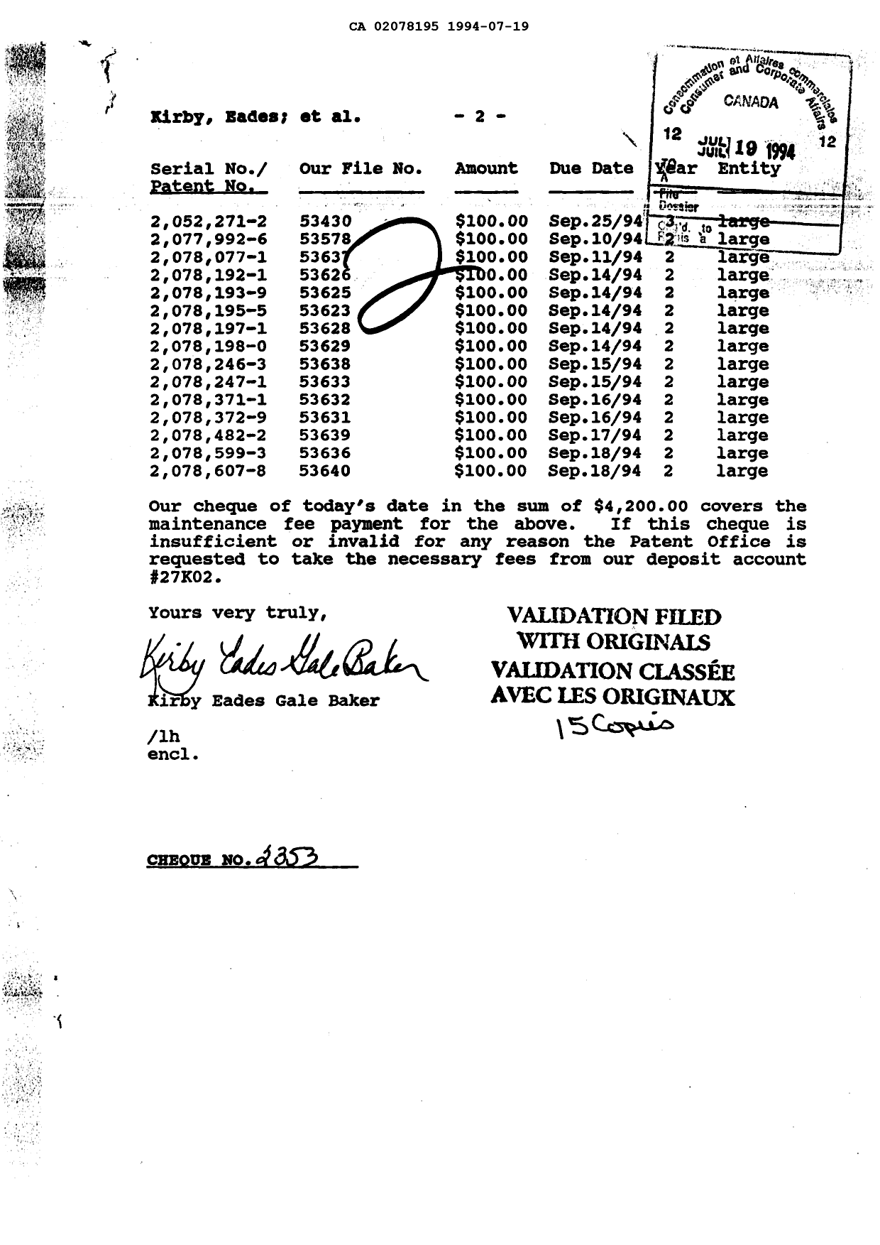 Canadian Patent Document 2078195. Fees 19940719. Image 1 of 1