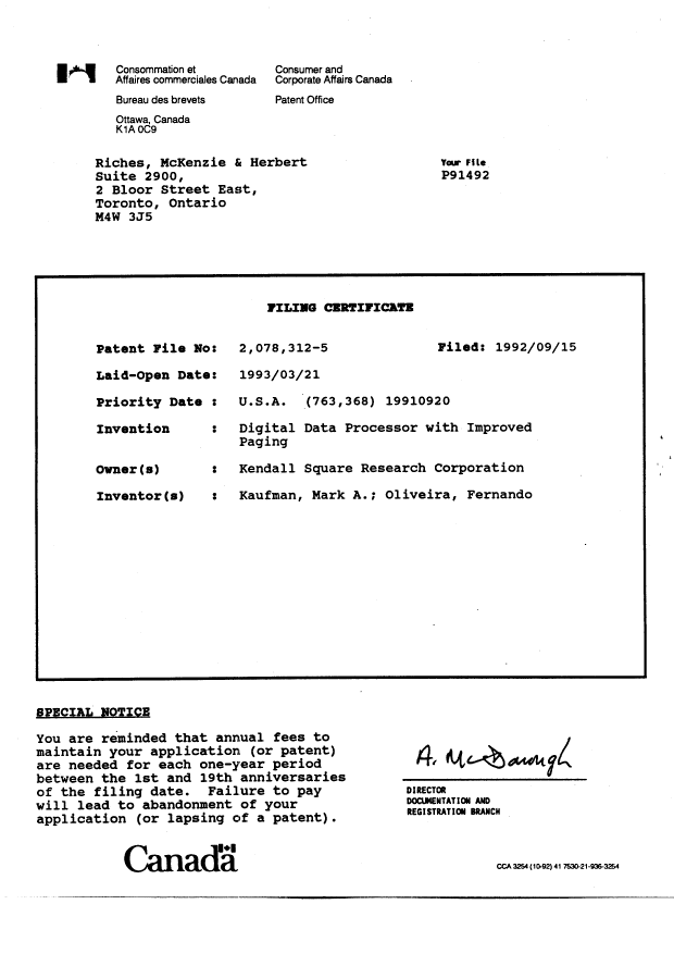 Document de brevet canadien 2078312. Cession 19920915. Image 14 de 14