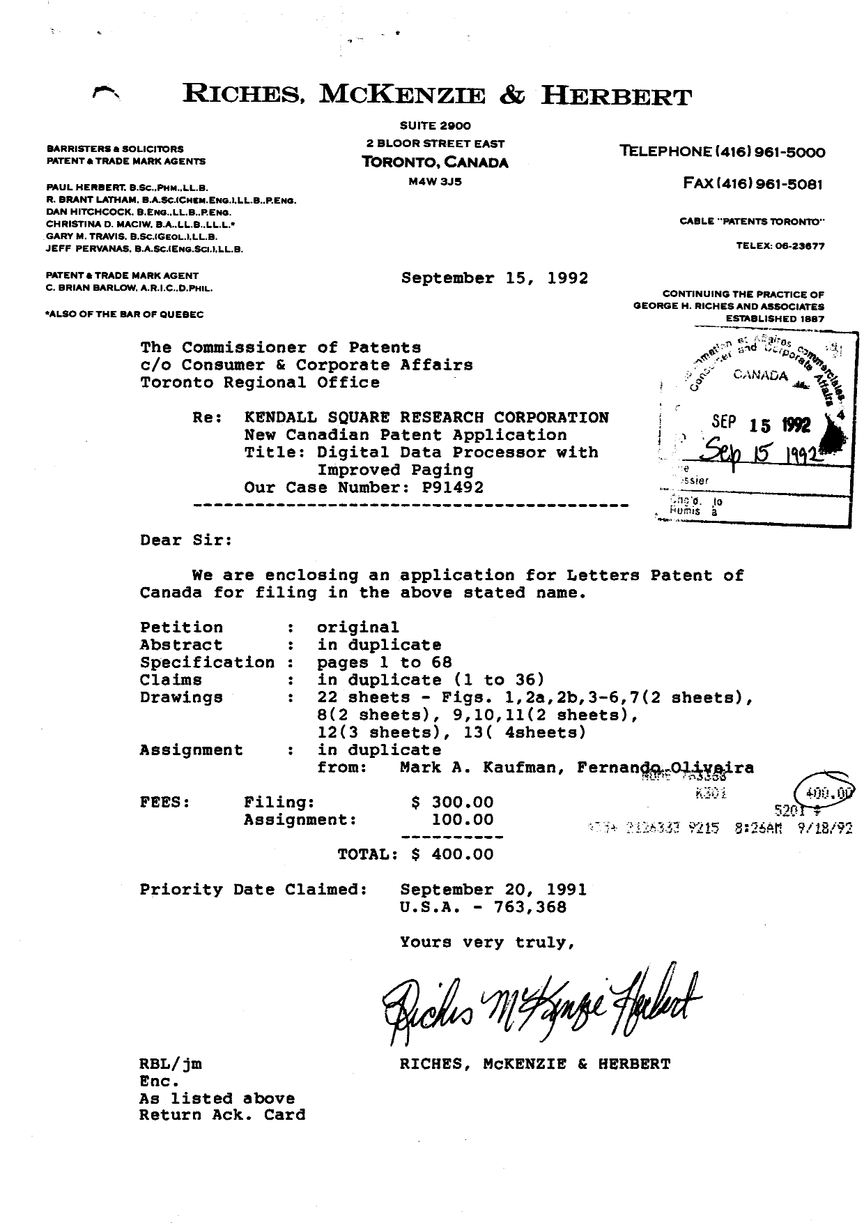 Document de brevet canadien 2078312. Cession 19920915. Image 1 de 14