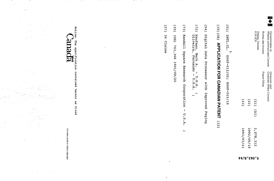 Canadian Patent Document 2078312. Cover Page 19940327. Image 1 of 1