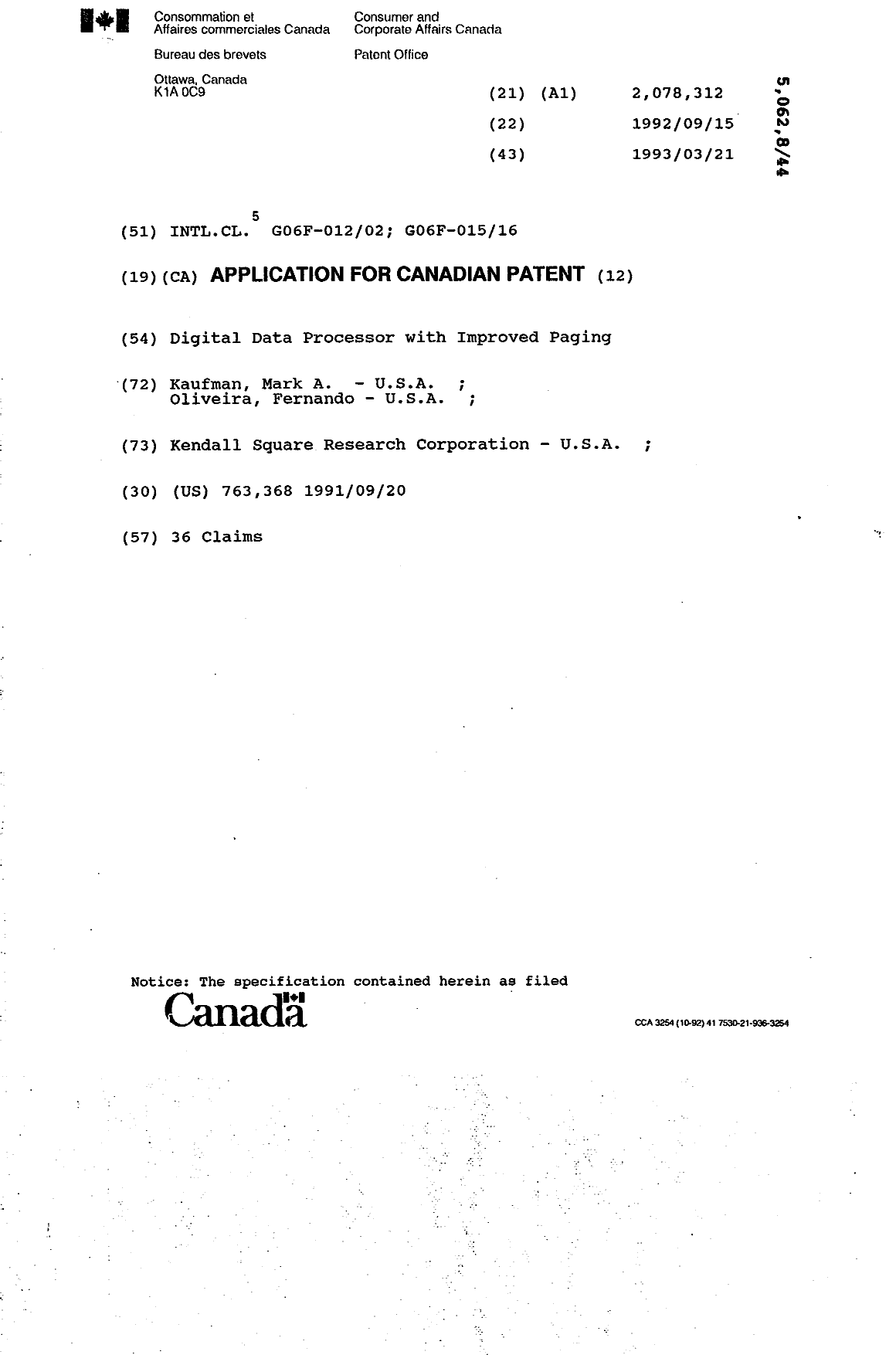 Canadian Patent Document 2078312. Cover Page 19940327. Image 1 of 1