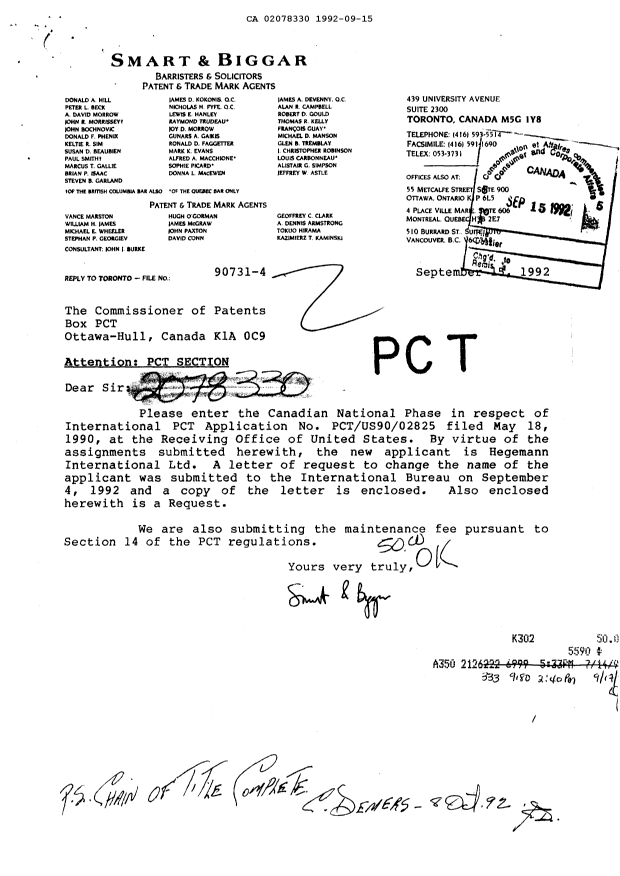 Document de brevet canadien 2078330. Taxes 19920915. Image 1 de 1