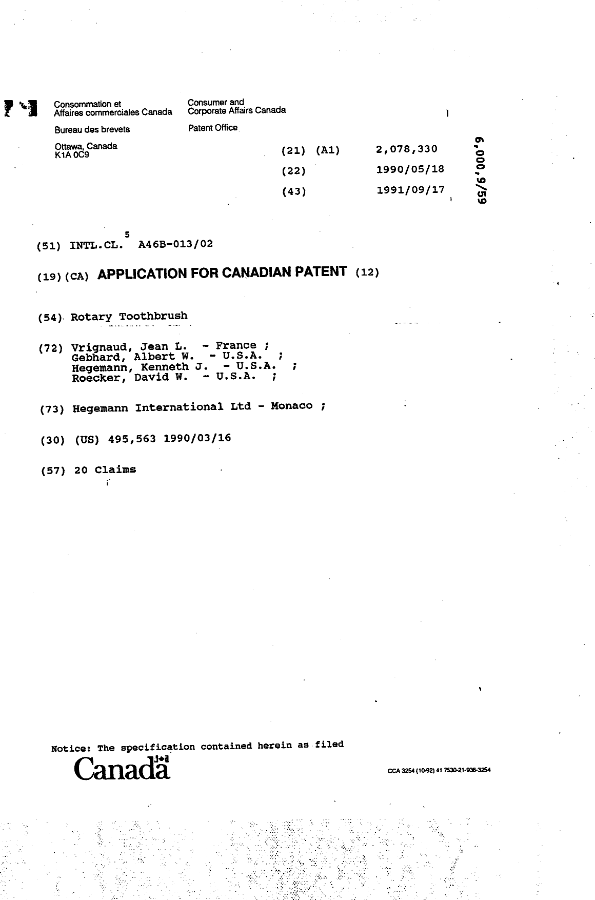 Document de brevet canadien 2078330. Page couverture 19940326. Image 1 de 1