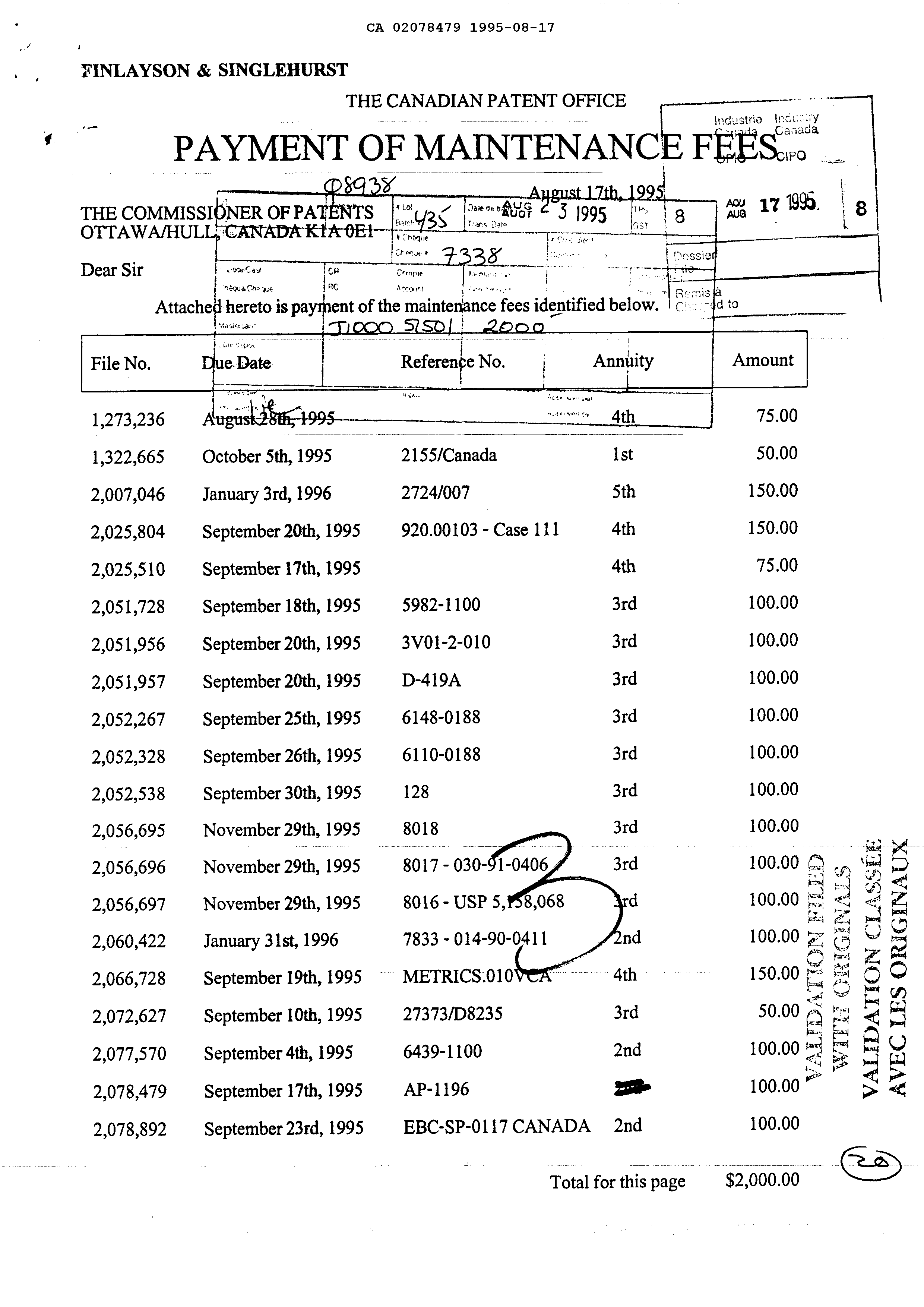 Canadian Patent Document 2078479. Fees 19950817. Image 1 of 1