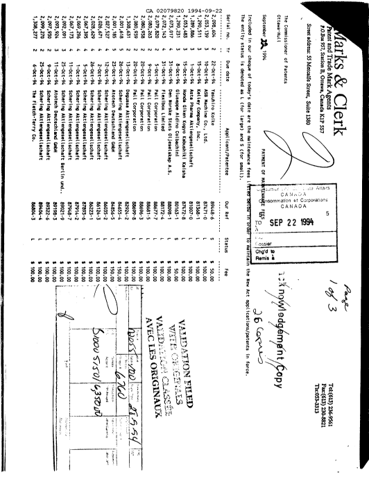 Document de brevet canadien 2079820. Taxes 19940922. Image 1 de 1