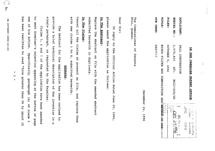 Canadian Patent Document 2079820. Prosecution Correspondence 19961224. Image 1 of 4