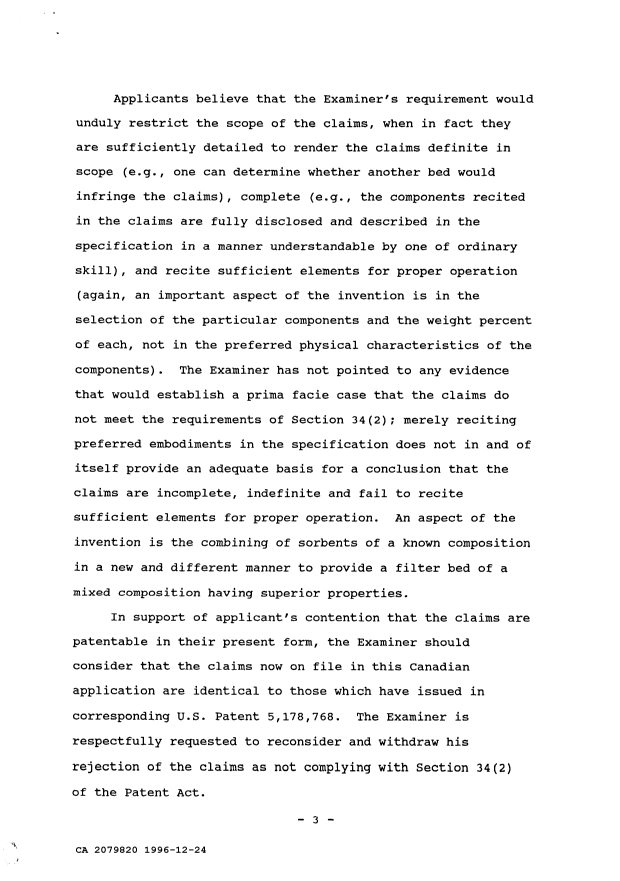 Canadian Patent Document 2079820. Prosecution Correspondence 19961224. Image 3 of 4