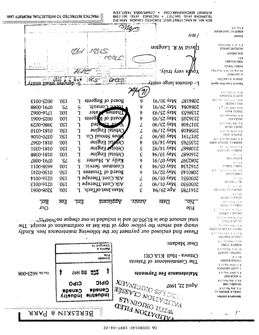 Document de brevet canadien 2080140. Taxes 19970422. Image 1 de 1