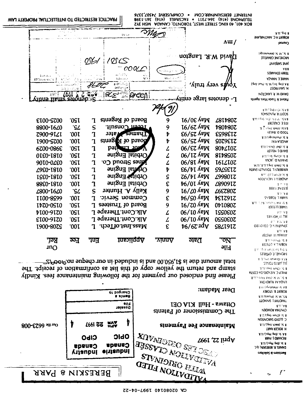 Canadian Patent Document 2080140. Fees 19970422. Image 1 of 1