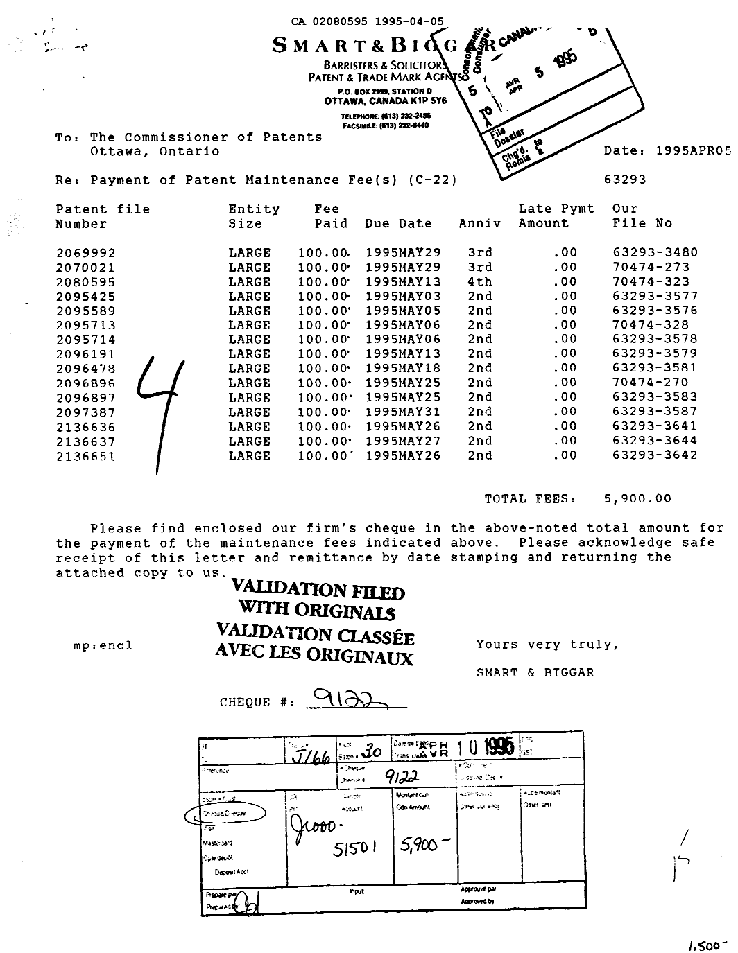 Document de brevet canadien 2080595. Taxes 19950405. Image 1 de 1