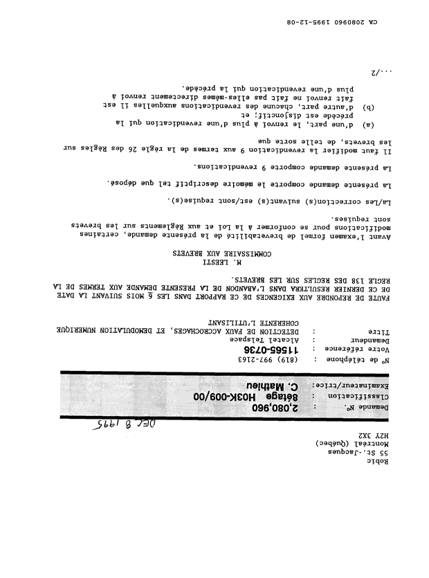 Document de brevet canadien 2080960. Demande d'examen 19951208. Image 1 de 2
