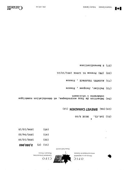 Document de brevet canadien 2080960. Page couverture 19951215. Image 1 de 1