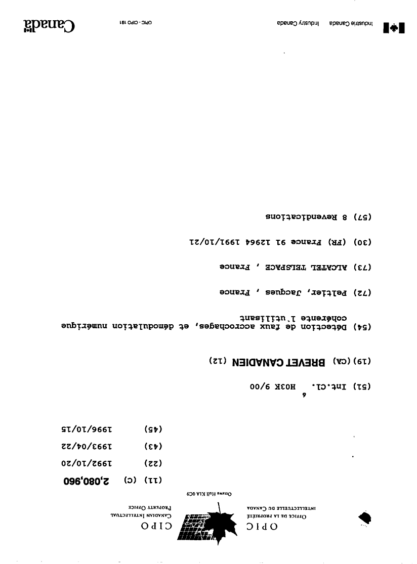 Canadian Patent Document 2080960. Cover Page 19951215. Image 1 of 1
