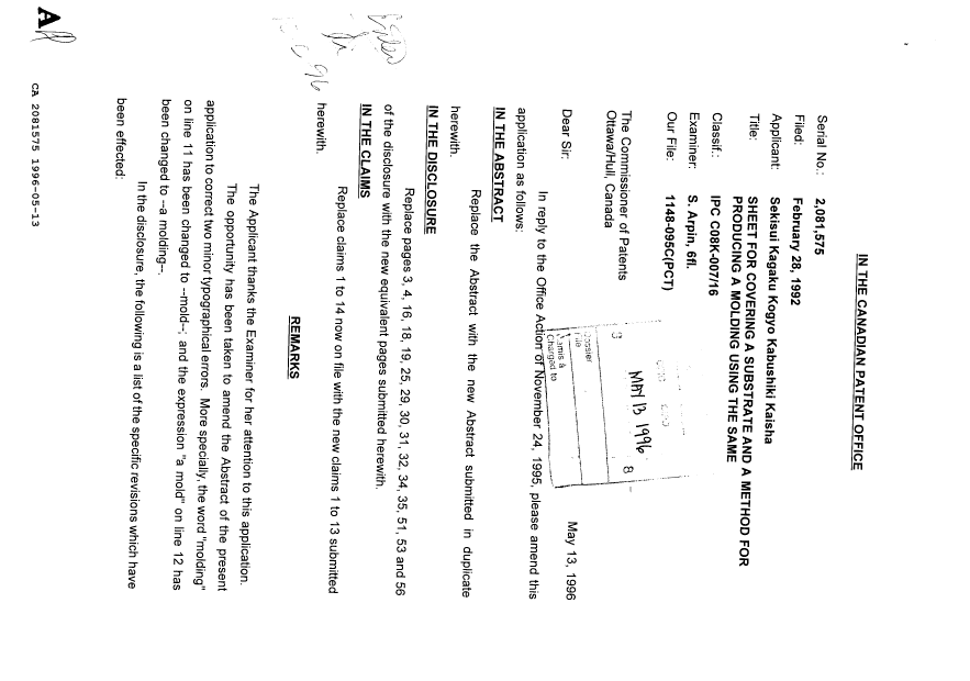 Canadian Patent Document 2081575. Prosecution Correspondence 19960513. Image 1 of 3