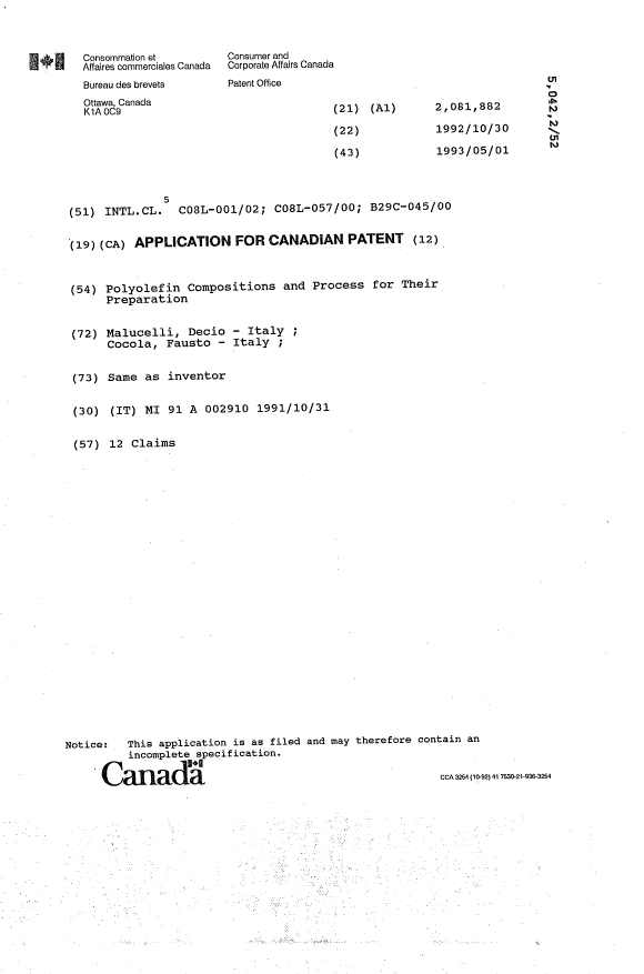 Canadian Patent Document 2081882. Cover Page 19940404. Image 1 of 1