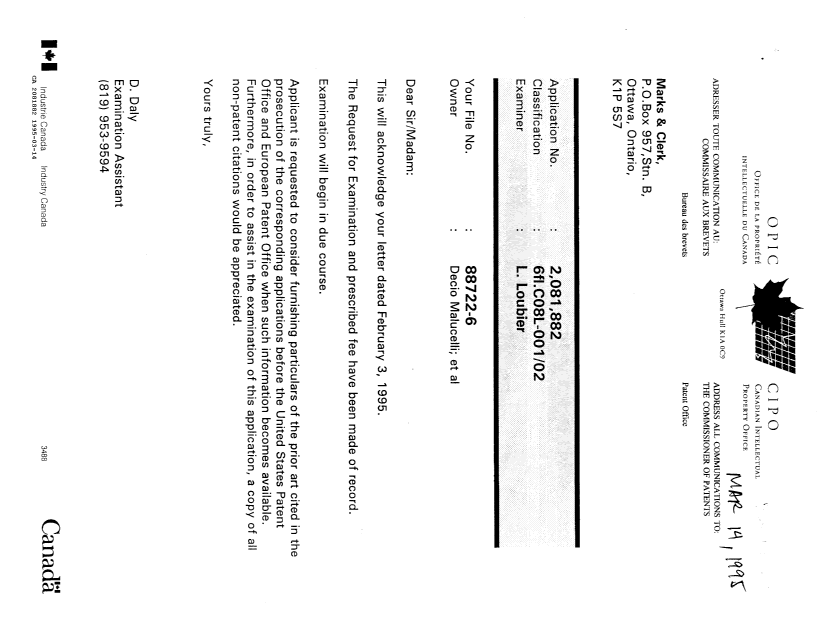 Document de brevet canadien 2081882. Lettre du bureau 19950314. Image 1 de 1