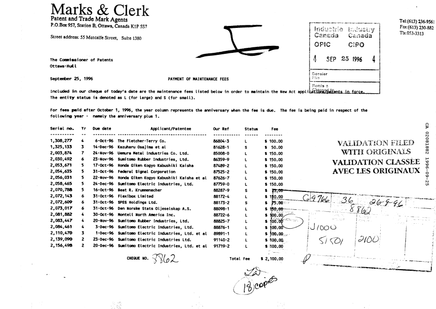 Document de brevet canadien 2081882. Taxes 19960925. Image 1 de 1