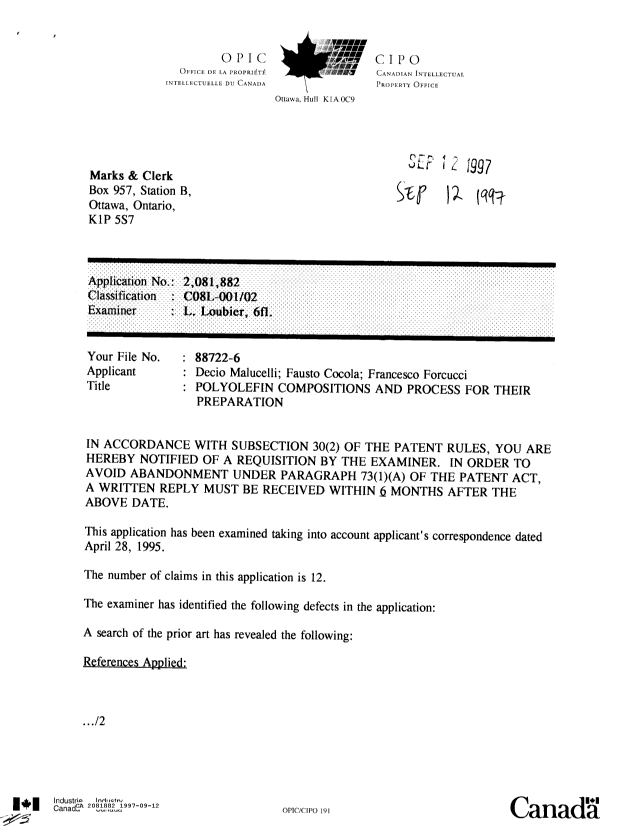 Canadian Patent Document 2081882. Examiner Requisition 19970912. Image 1 of 4