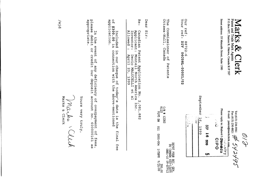 Document de brevet canadien 2081882. Correspondance 19990916. Image 1 de 1