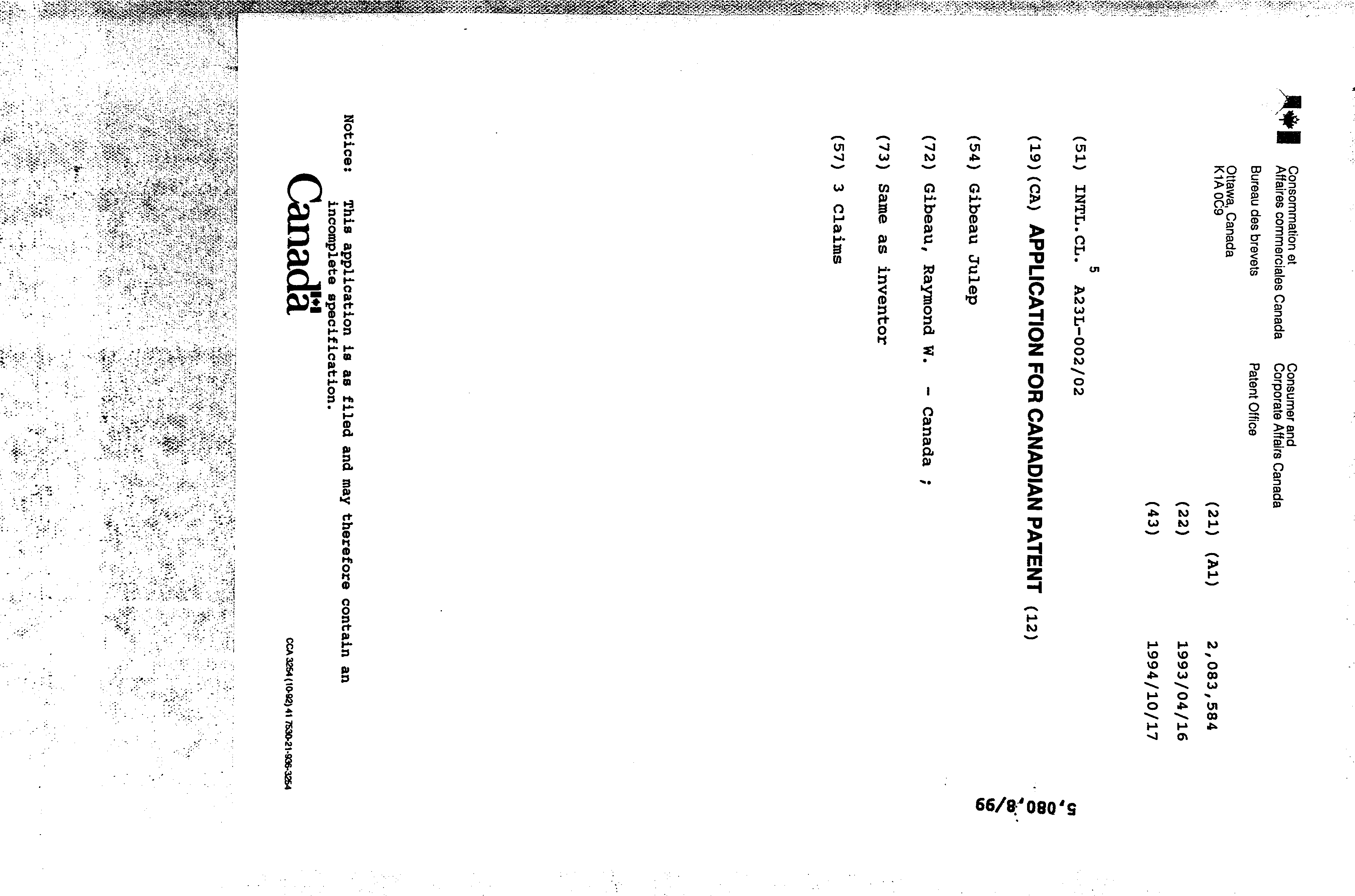 Canadian Patent Document 2083584. Cover Page 19951210. Image 1 of 1