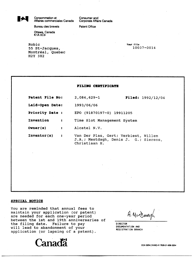 Document de brevet canadien 2084629. Cession 19921204. Image 7 de 7