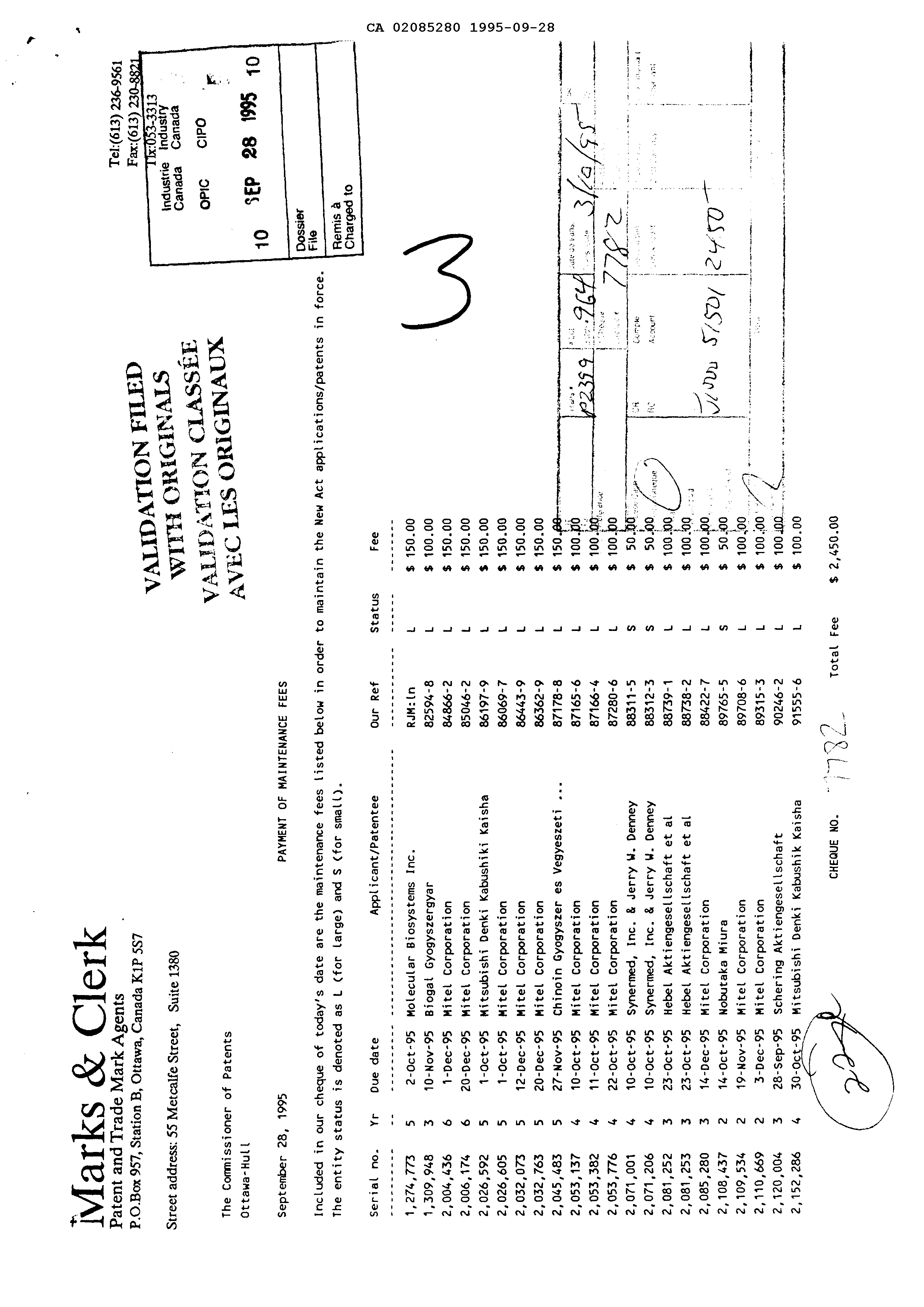 Canadian Patent Document 2085280. Fees 19950928. Image 1 of 1