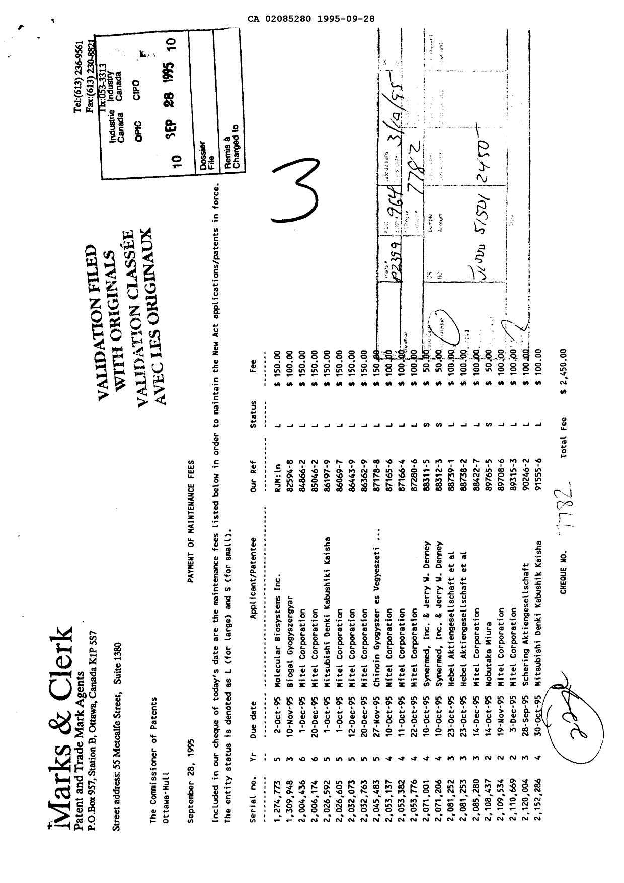 Document de brevet canadien 2085280. Taxes 19950928. Image 1 de 1