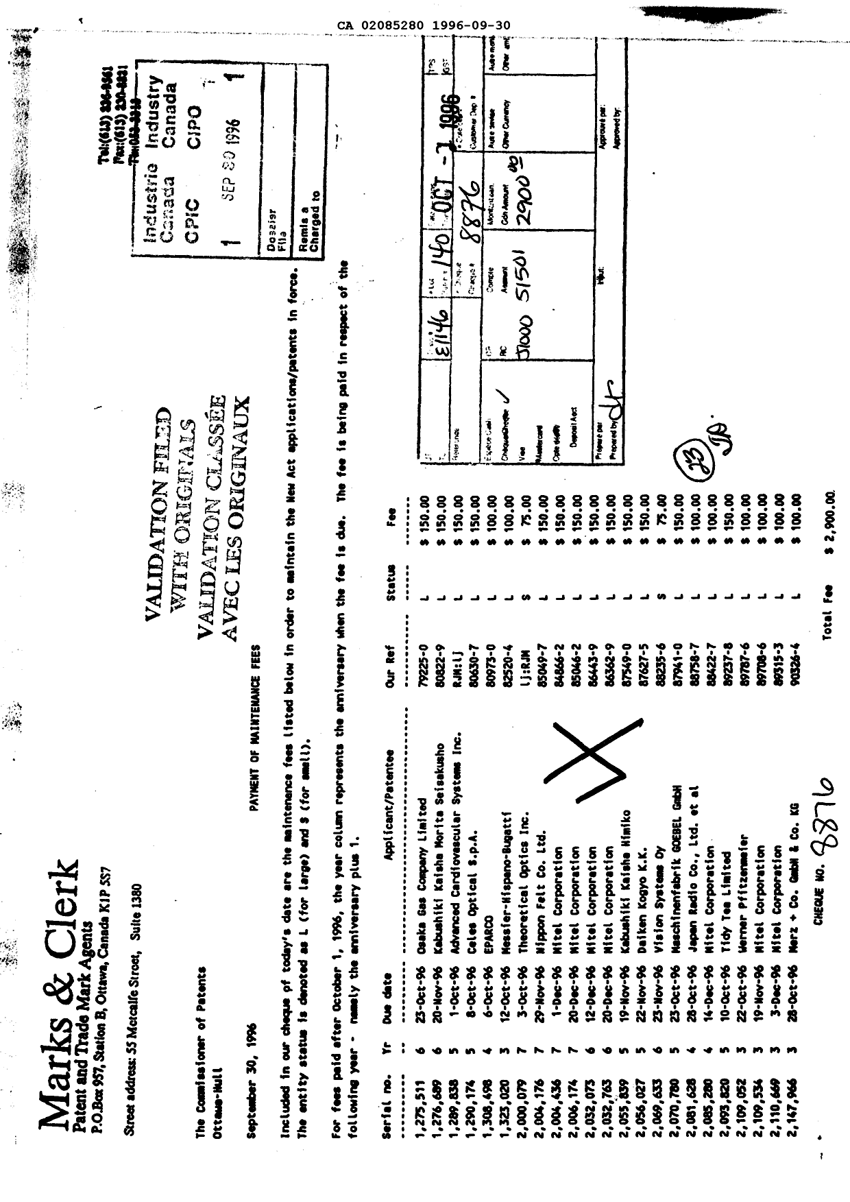 Document de brevet canadien 2085280. Taxes 19960930. Image 1 de 1