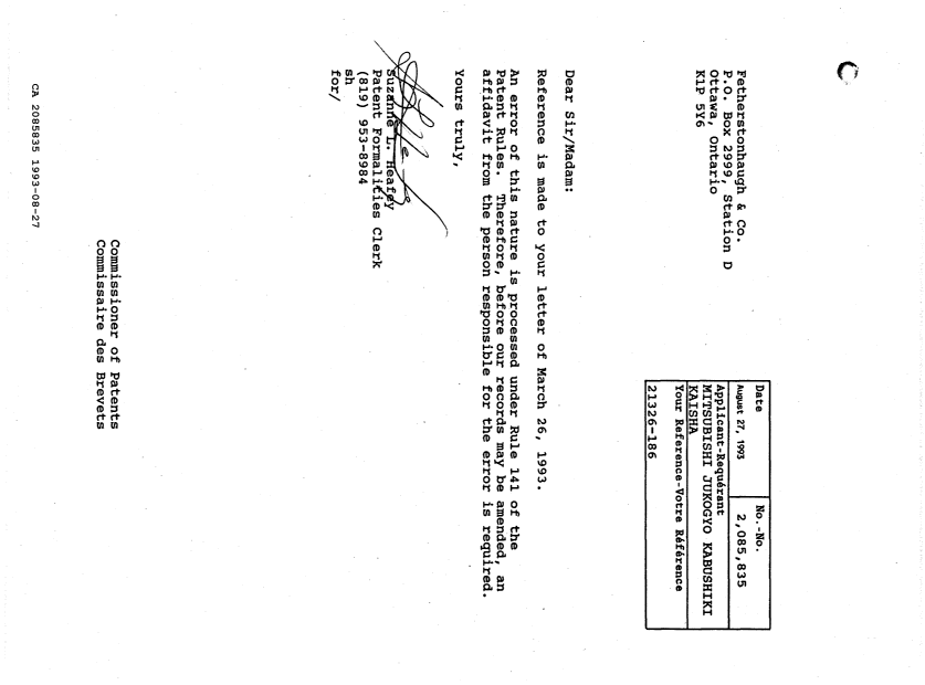 Document de brevet canadien 2085835. Lettre du bureau 19930827. Image 1 de 1