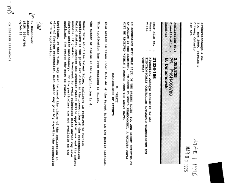 Document de brevet canadien 2085835. Demande d'examen 19960301. Image 1 de 1