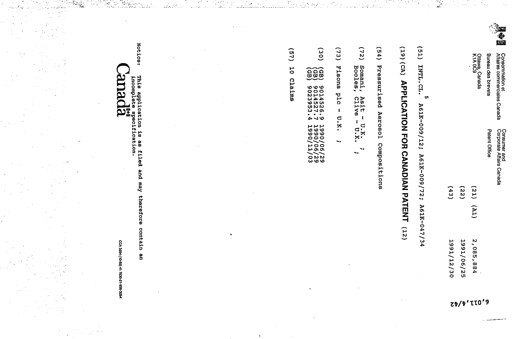 Canadian Patent Document 2085884. Cover Page 19940618. Image 1 of 1